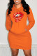Orange Fashion Casual Lips Printed Basic Hooded Collar Long Sleeve Dresses