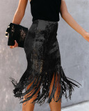 Black Spandex Elastic Fly Mid Solid Patchwork Hip skirt Capris Skirts