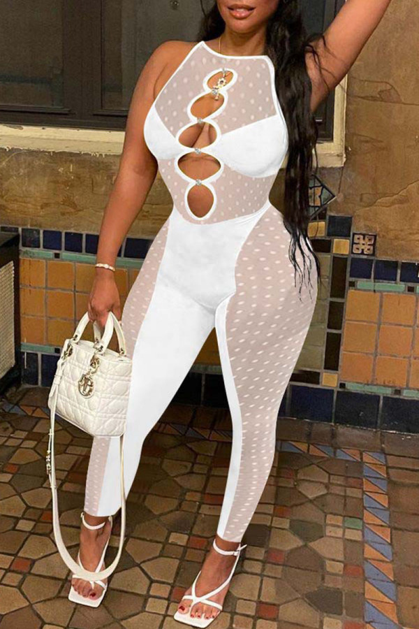 White Sexy Solid Hollowed Out Mesh O Neck Skinny Jumpsuits
