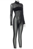 Black Fashion Sexy Patchwork See-through Half A Turtleneck Skinny Jumpsuits