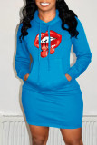 Yellow Fashion Casual Lips Printed Basic Hooded Collar Long Sleeve Dresses