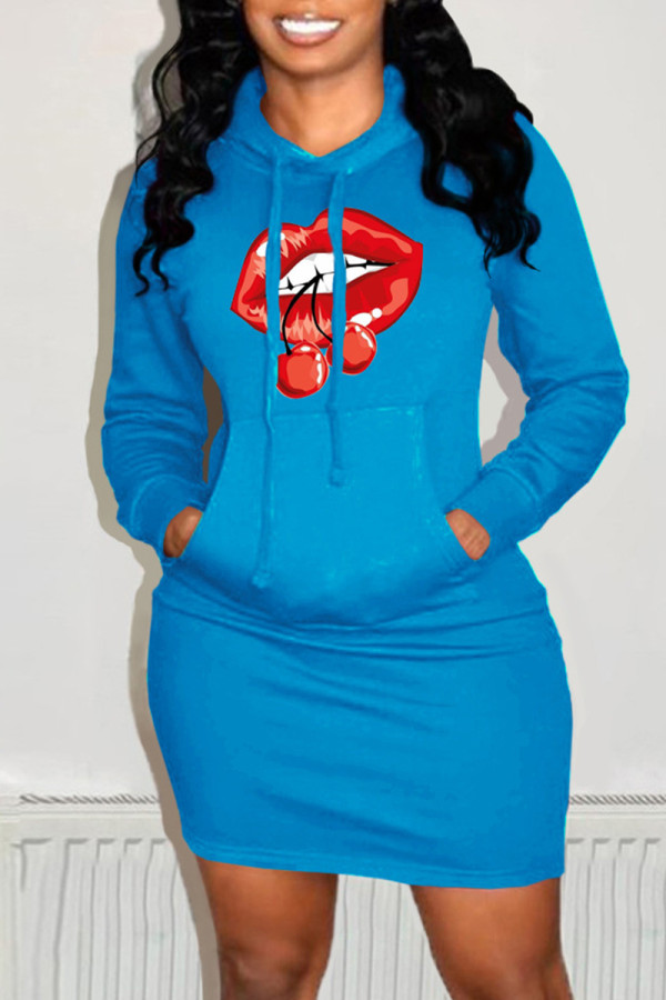 Blue Fashion Casual Lips Printed Basic Hooded Collar Long Sleeve Dresses