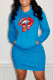 Blue Fashion Casual Lips Printed Basic Hooded Collar Long Sleeve Dresses