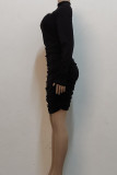 Black Sexy Solid Hollowed Out Split Joint Fold Half A Turtleneck One Step Skirt Dresses