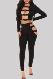 Black Fashion Sexy Solid Hollowed Out O Neck Long Sleeve Two Pieces