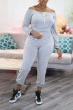 Grey Fashion Casual Solid Solid Color Off the Shoulder Long Sleeve Two Pieces