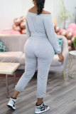 Grey Fashion Casual Solid Solid Color Off the Shoulder Long Sleeve Two Pieces