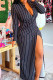 Black Sexy Striped Print Patchwork Buckle Slit V Neck Straight Dresses