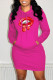 Rose Red Fashion Casual Lips Printed Basic Hooded Collar Long Sleeve Dresses