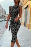 Dark Gray Sexy Print Leopard Patchwork Backless O Neck One Step Skirt Dresses