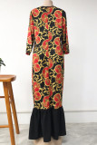 Black Yellow Casual Print Patchwork Buttons Flounce O Neck Straight Plus Size Dresses