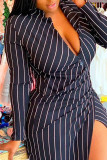 Black Sexy Striped Print Patchwork Buckle Slit V Neck Straight Dresses