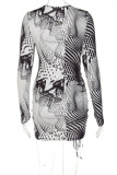 Black Fashion Sexy Print Hollowed Out O Neck Long Sleeve Dresses