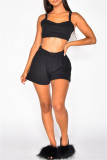 Black Sexy Casual Solid Basic Spaghetti Strap Sleeveless Two Pieces