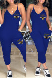 Blue Sexy Casual Print Backless V Neck Regular Jumpsuits