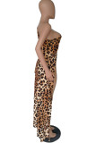 Black Sexy Print Leopard Split Joint Fold Asymmetrical Oblique Collar Dresses