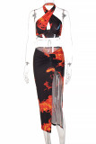 Colour Fashion Sexy Print Backless Slit Halter Sleeveless Two Pieces
