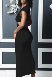 White Fashion Solid Hollowed Out Slit V Neck Pencil Skirt Dresses