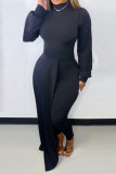 Black Fashion Cute Solid Asymmetrical Mandarin Collar Long Sleeve Two Pieces