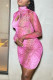 Pink Fashion Sexy Print Hollowed Out Turtleneck Long Sleeve Dresses