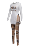 Khaki Casual Print Slit Letter O Neck Long Sleeve Two Pieces