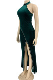 Green Sexy Solid Patchwork Backless Slit Hot Drill Halter Evening Dress Dresses