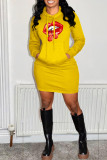 Yellow Fashion Casual Lips Printed Basic Hooded Collar Long Sleeve Dresses