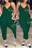 Green Sexy Casual Print Backless V Neck Regular Jumpsuits