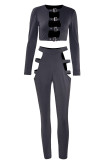 Black Fashion Sexy Solid Hollowed Out O Neck Long Sleeve Two Pieces