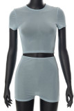 Blue Fashion Casual Solid Hollowed Out See-through O Neck Short Sleeve Two Pieces