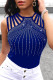 Blue Sexy Casual Patchwork Hot Drilling Hollowed Out O Neck Tops