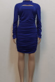 Blue Sexy Solid Hollowed Out Split Joint Fold Half A Turtleneck One Step Skirt Dresses