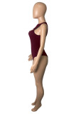 Burgundy Sexy Casual Solid Hollowed Out O Neck Sleeveless Skinny Romper