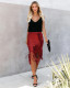 Red Spandex Elastic Fly Mid Solid Patchwork Hip skirt Capris Skirts