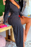 Black Sexy Striped Print Patchwork Buckle Slit V Neck Straight Dresses