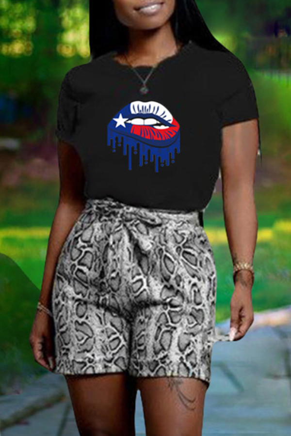 Black Fashion Casual Print Basic O Neck Short Sleeve Two Pieces