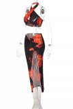 Colour Fashion Sexy Print Backless Slit Halter Sleeveless Two Pieces