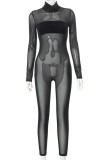 Black Fashion Sexy Patchwork See-through Half A Turtleneck Skinny Jumpsuits