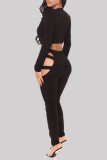 Black Fashion Sexy Solid Hollowed Out O Neck Long Sleeve Two Pieces