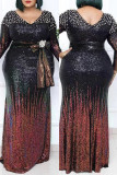 Black Fashion Sexy Patchwork Sequins Beading With Belt V Neck Long Sleeve Plus Size Dresses