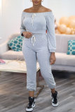 Grey Fashion Casual Solid Solid Color Off the Shoulder Long Sleeve Two Pieces