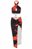 Colour Fashion Sexy Print Backless Slit Halter Sleeveless Two Pieces