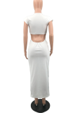 White Fashion Solid Hollowed Out Slit V Neck Pencil Skirt Dresses