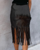 Black Spandex Elastic Fly Mid Solid Patchwork Hip skirt Capris Skirts