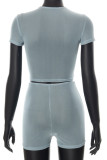 Blue Fashion Casual Solid Hollowed Out See-through O Neck Short Sleeve Two Pieces
