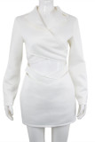 White Fashion Sexy Solid Hollowed Out Turndown Collar Long Sleeve Dresses