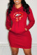 Burgundy Fashion Casual Lips Printed Basic Hooded Collar Long Sleeve Dresses