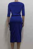 Blue Casual Solid Split Joint Off the Shoulder One Step Skirt Dresses