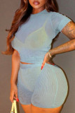 Blue Fashion Casual Solid Hollowed Out See-through O Neck Short Sleeve Two Pieces
