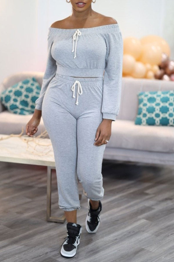 Grey Fashion Casual Solid Solid Color Off the Shoulder Long Sleeve Two Pieces
